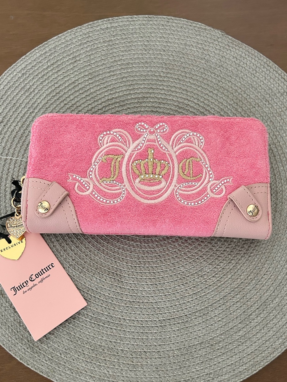Juicy Couture Pink Suede Crown Embroidered Zip-Around Wallet
